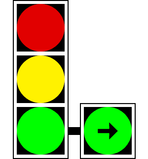 Semafor însoțit de semnalul intermitent verde către dreapta